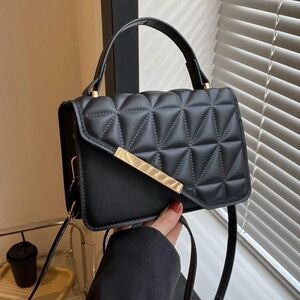 Mini Black Square Bag- Quilted Asymmetrical Flap